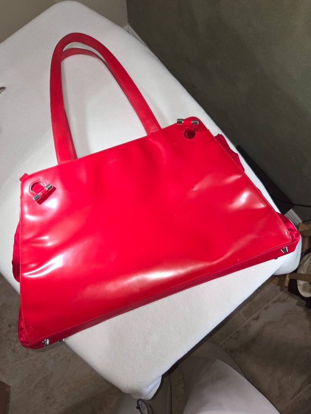 Furla Red Leather & Nylon Large Executive Tote Laptop Carry-All Bag 17x11